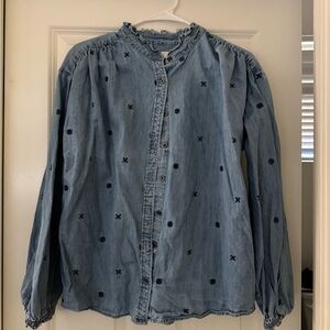 Embroidered Denim Button-Up Blouse